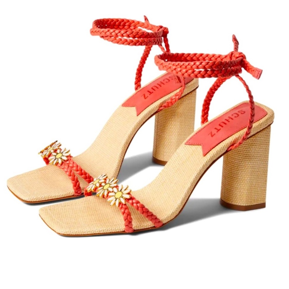 Schutz Hina Coral Pink Daisy Woven Raffia Leather Lace Up Heel Sandal Square Toe